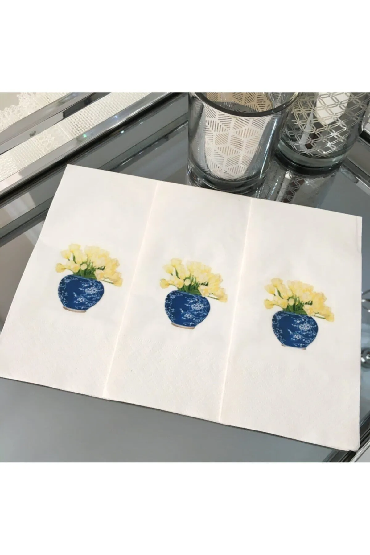 1_org_zoom Sarı Cicekli Bleu Blanc Sunum Peçetesi 16'lı - Görsel 1