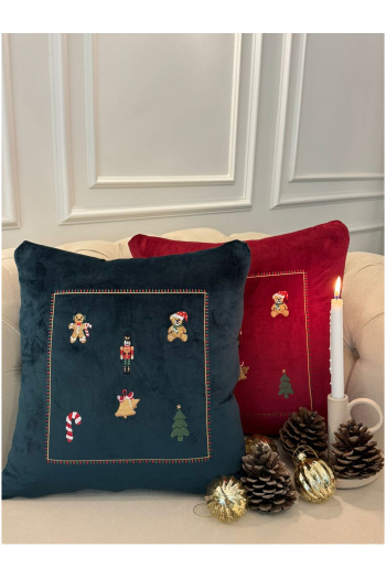 Lux Kadife Nakışlı Yılbaşı Kırlent Kılıfı Yeşil 45x45