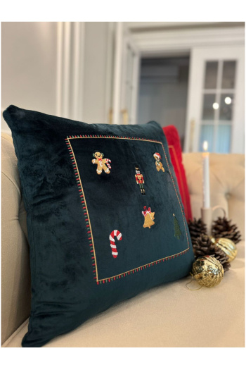 Lux Kadife Nakışlı Yılbaşı Kırlent Kılıfı Yeşil 45x45 - Görsel 3