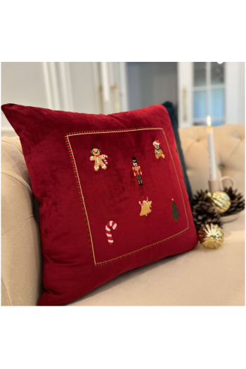 Lux Kadife Nakışlı Yılbaşı Kırlent Kılıfı Kırmızı 45x45 - Görsel 3